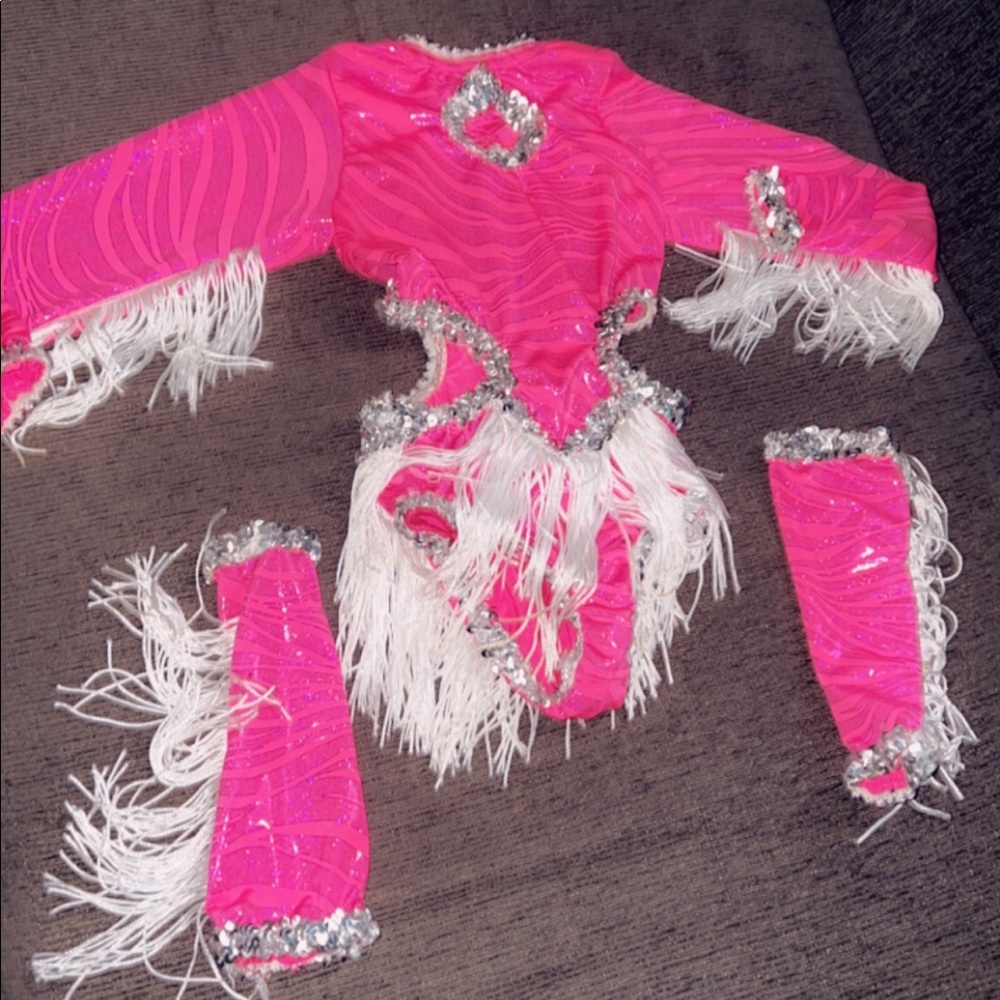 Dance costume. Pink and silver with white fringes. Really cute